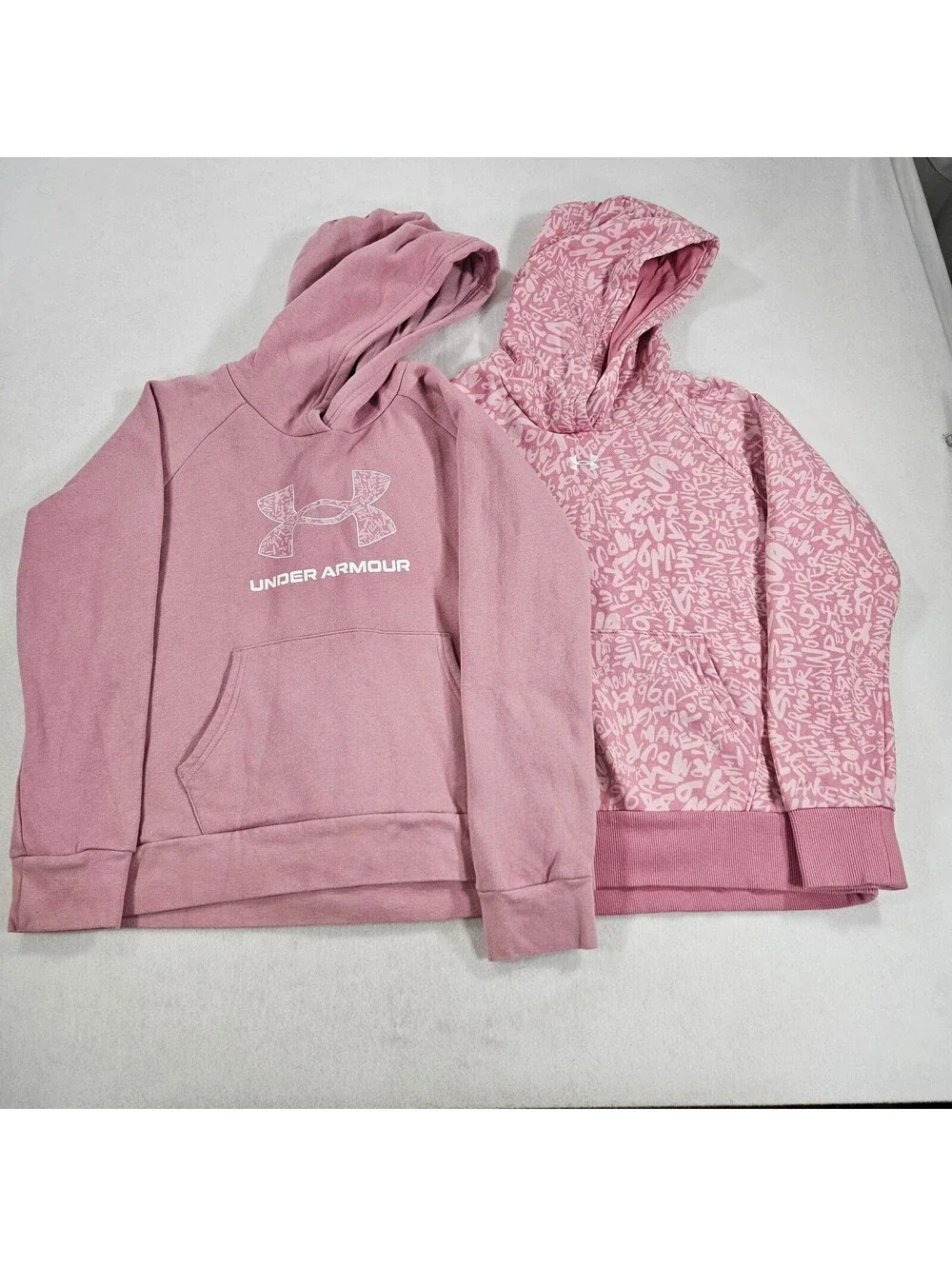 Lot of 2 Under Armour Girls YLG Pink Fleece Hoodies Pullover Sweatshirts Loose